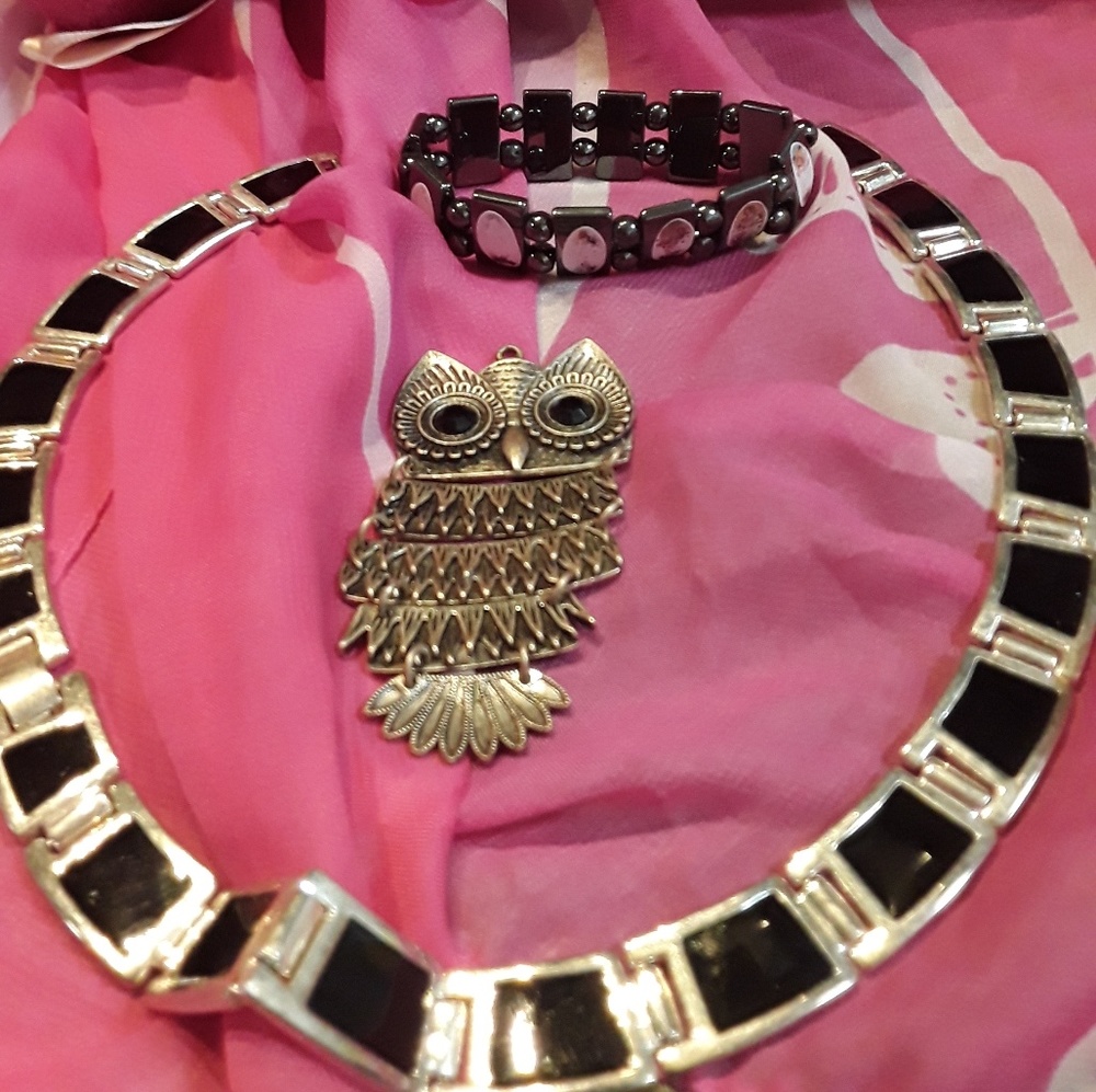 Necklace, bracelet and owl pendant.